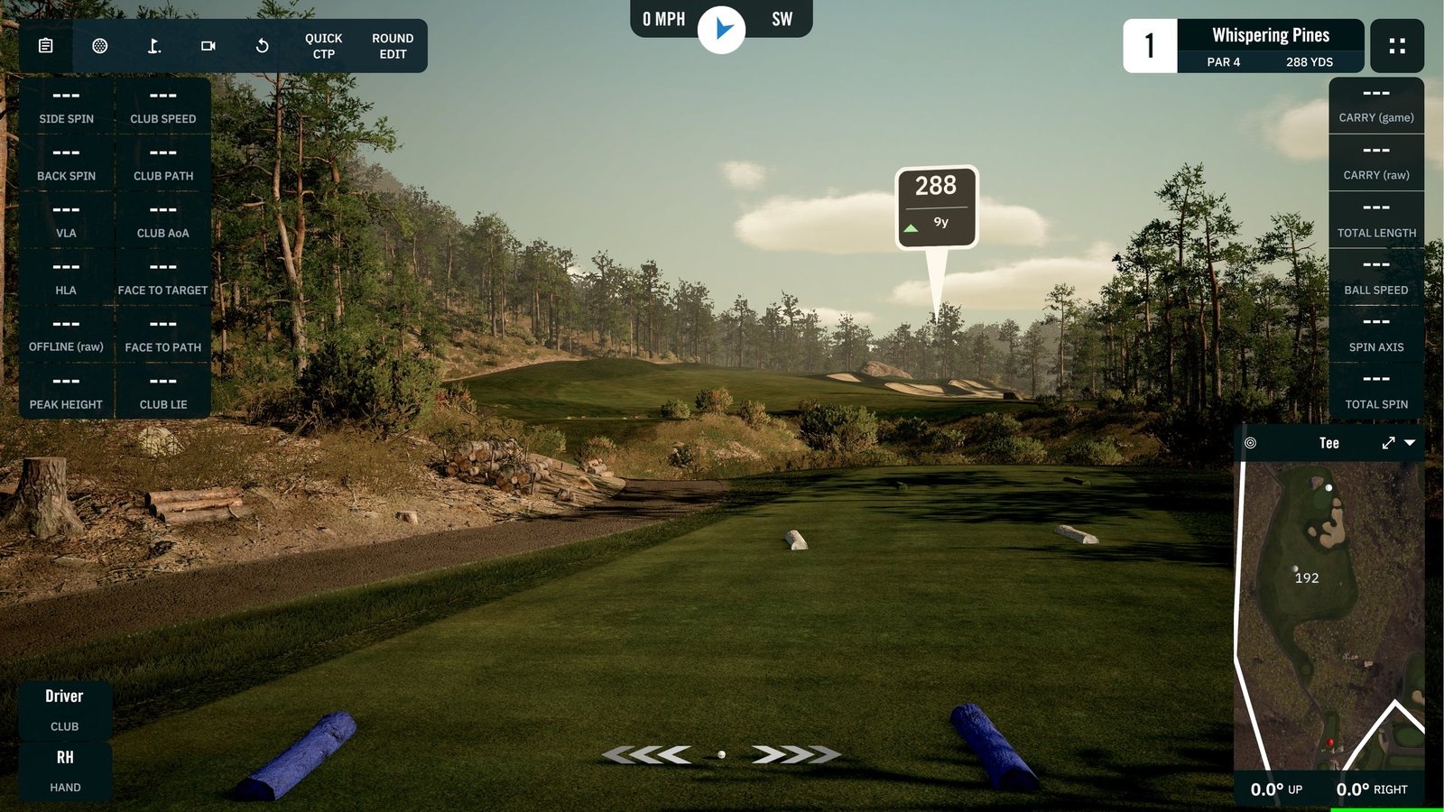 GSPro on the tee at Whispering Pines, hole 1, par 4, 288 yards: tree-lined fairway, shot data panels on both sides and a hole map in the corner