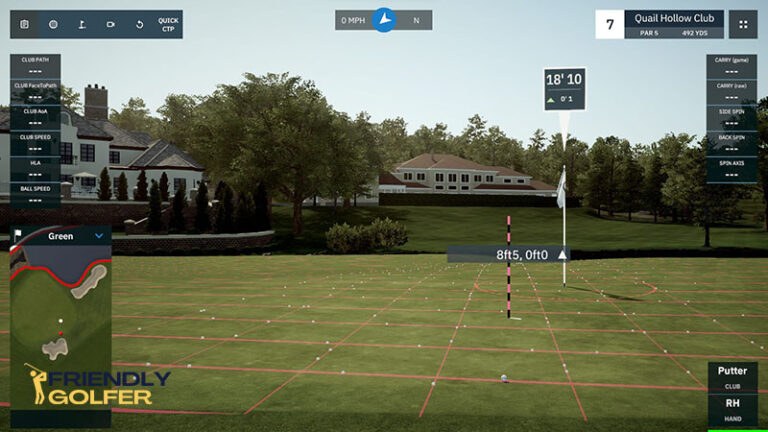 GSPro putting view at Quail Hollow Club, hole 7: a grid over the green shows the slope and the flag reads 18 feet 10 inches to the hole